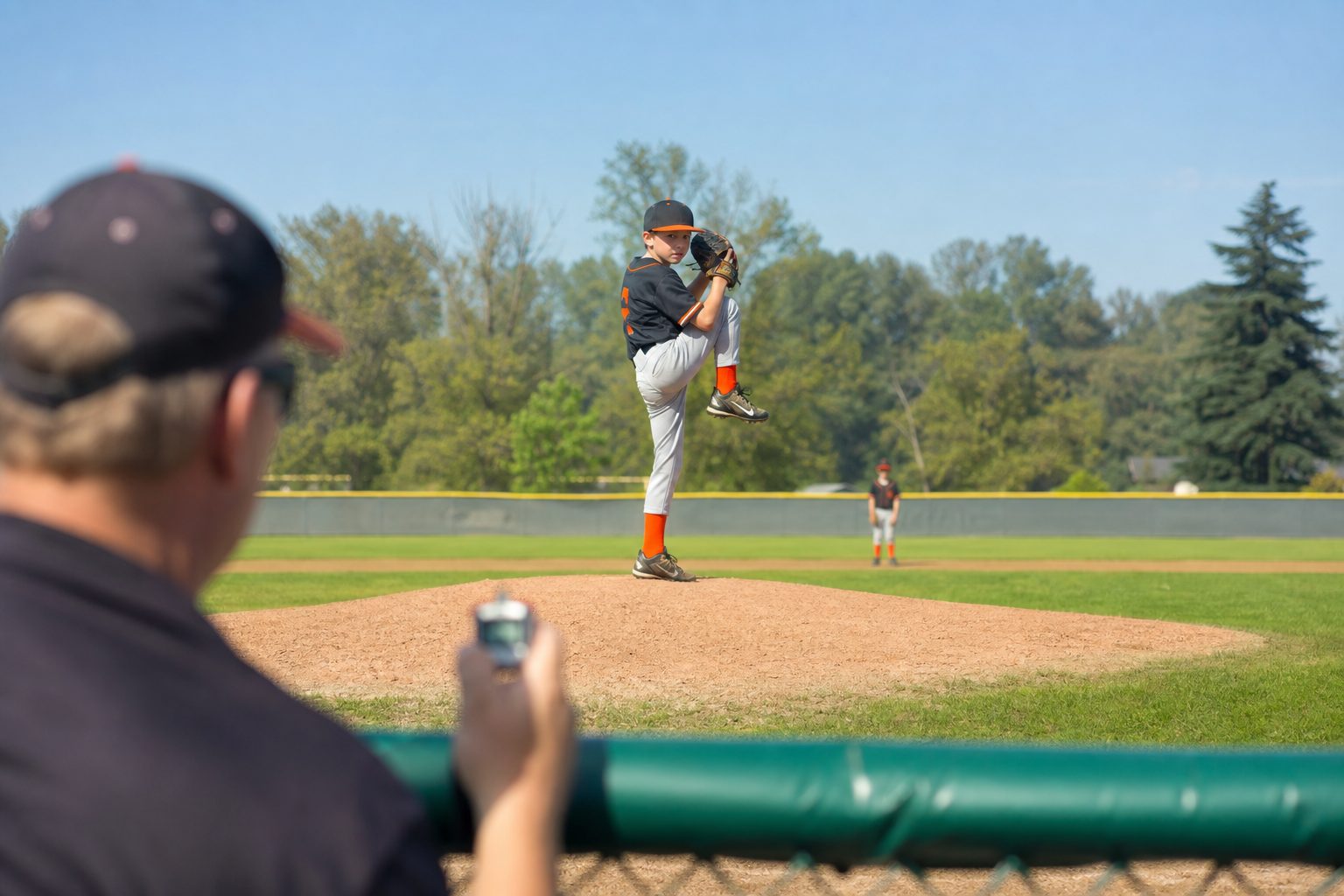Youth baseball pitcher winding up while a parent tracks pitches with a hand counter at the dugout fence