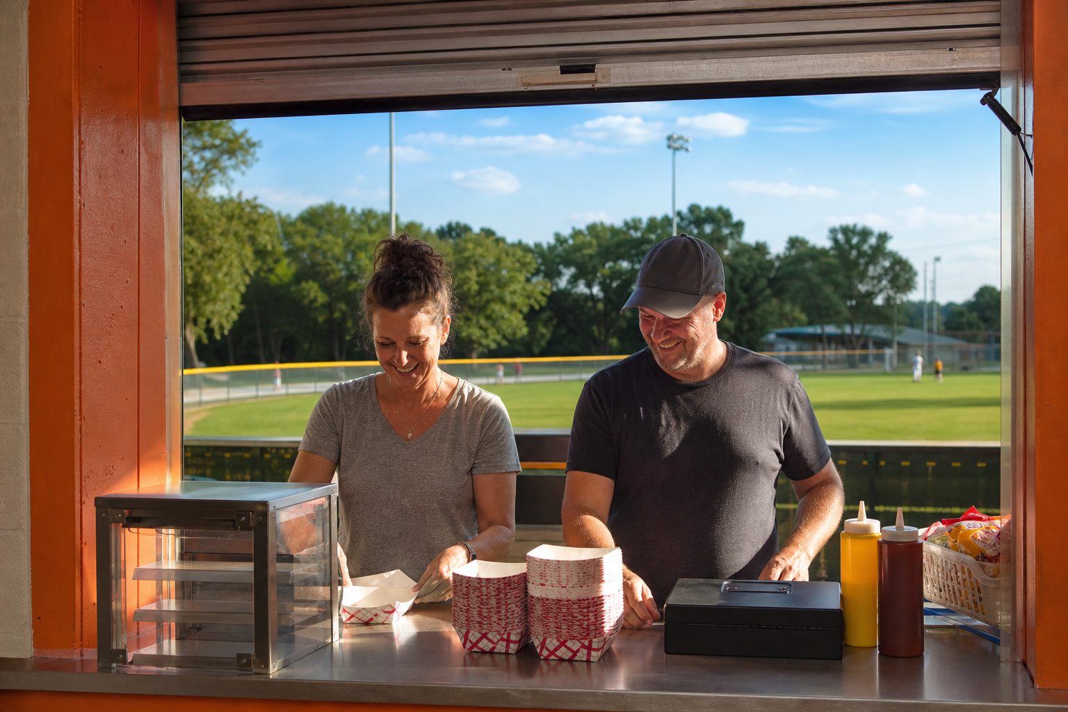 Two parent volunteers working a small ballpark concession window with the green field behind them