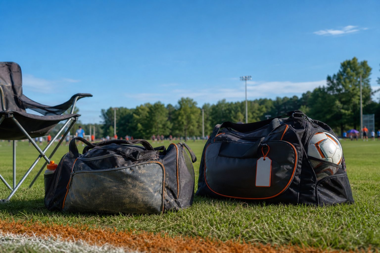 A worn rec league gear bag and a packed travel tournament bag side by side on a green sideline