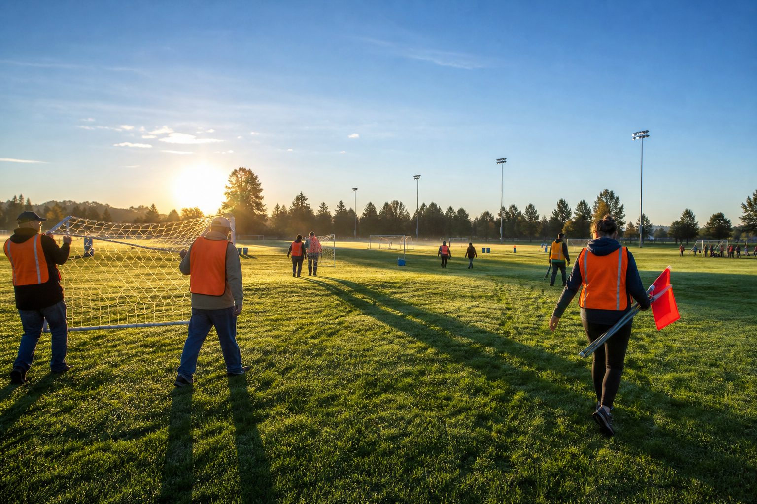 Volunteers in orange vests carrying goal nets and corner flags across dew covered fields at sunrise
