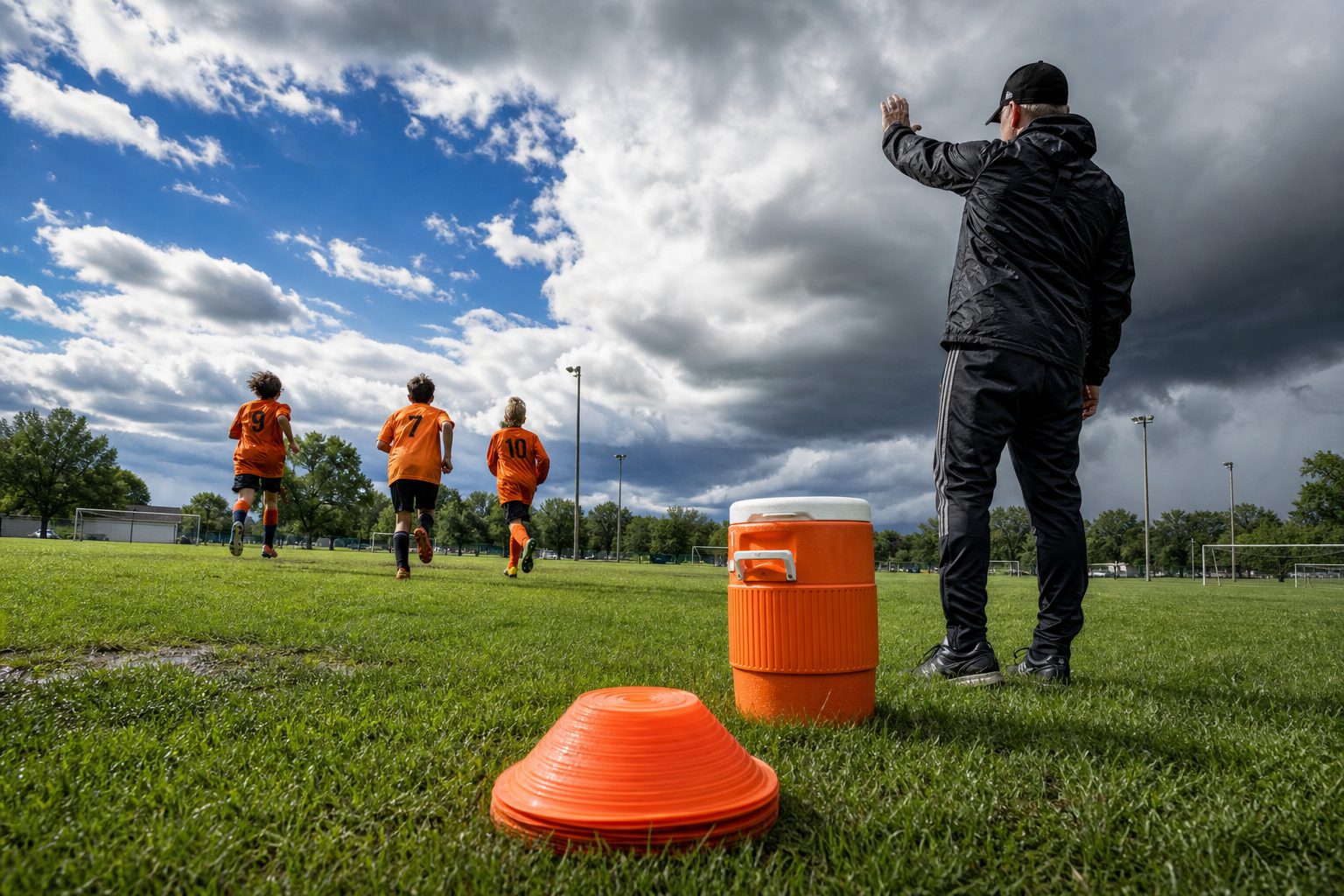 A coach waving young players off a green field as storm clouds build over the sideline cones