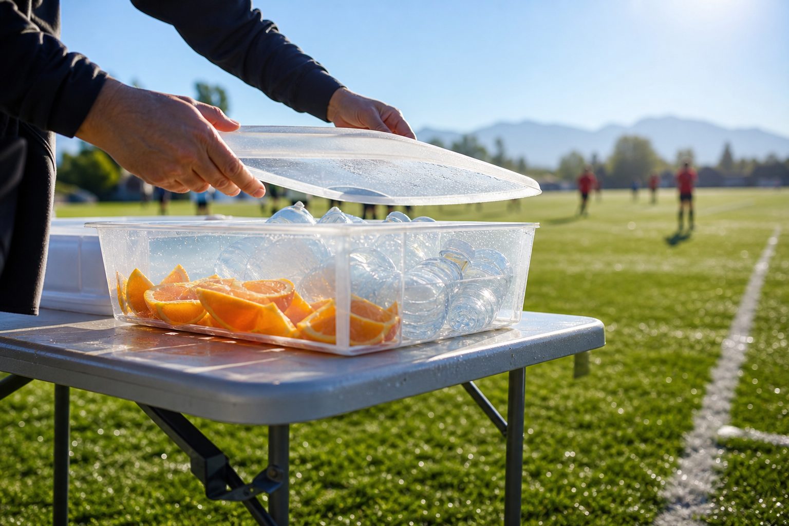 Orange slices and water bottles in a bin on a folding table beside a sunlit green youth soccer field