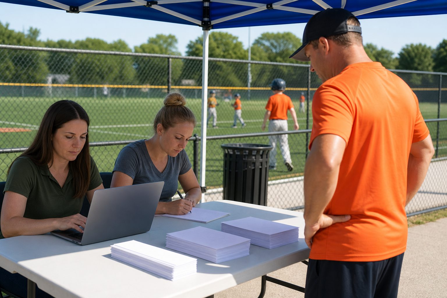 Volunteer registration table with a laptop and blank forms under a blue canopy beside a green field