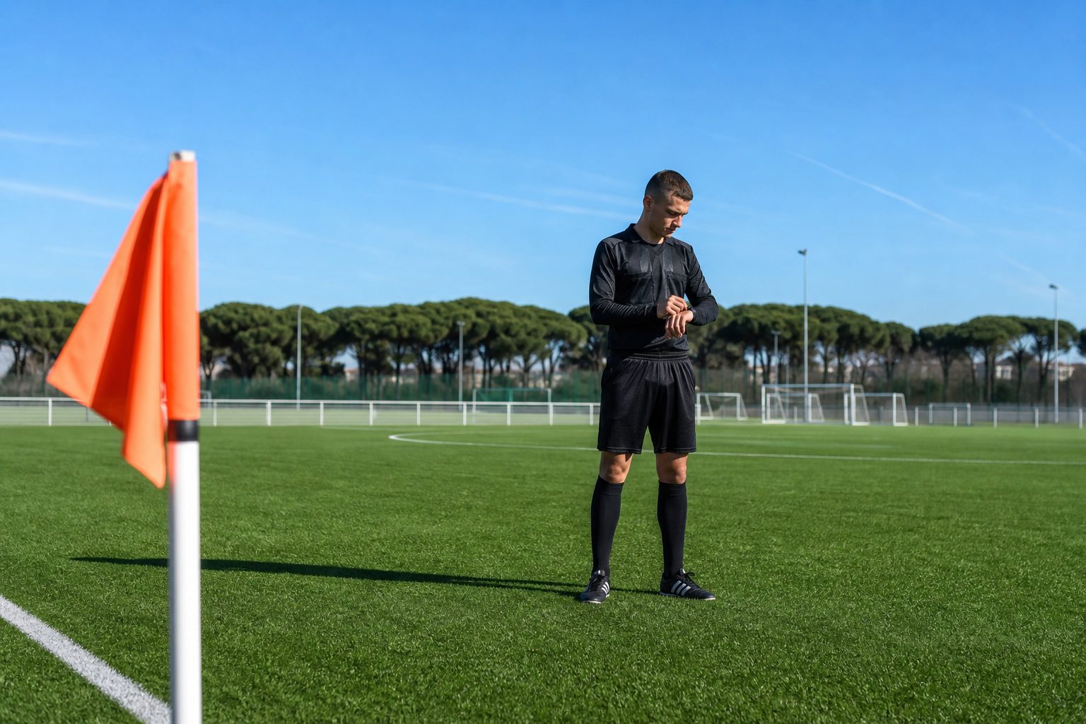 A single young referee standing at midfield of an empty youth soccer pitch checking the time
