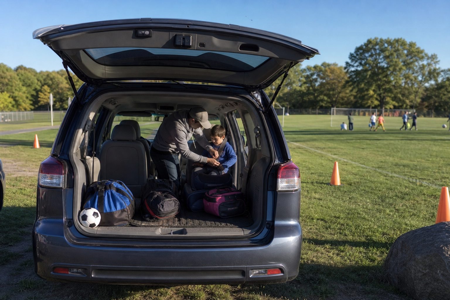 A parent loading sports bags and buckling a child into a minivan in a grass lot beside the fields