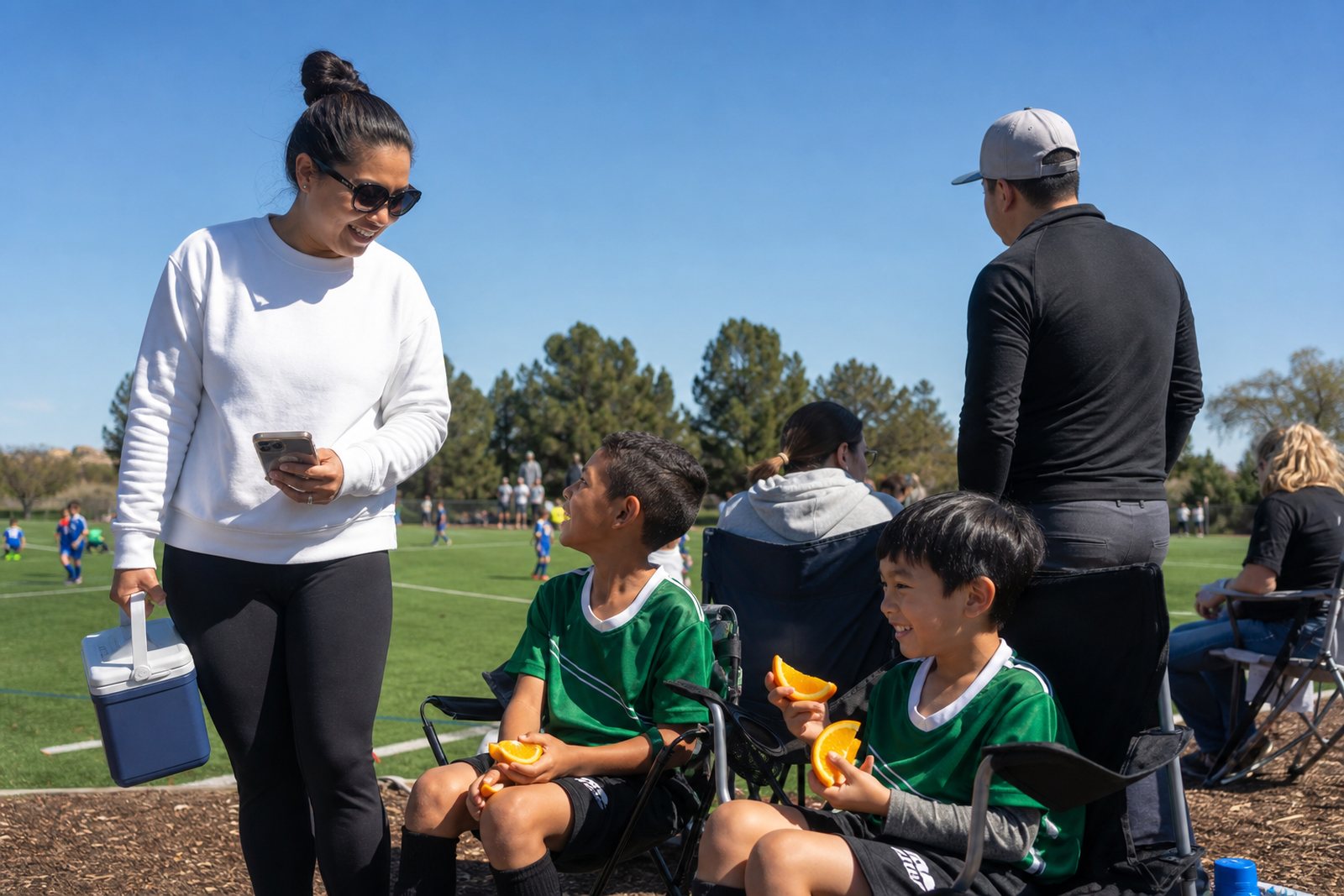 Parents and young players on the sideline of a bright green soccer field, one parent carrying a cooler and holding a phone