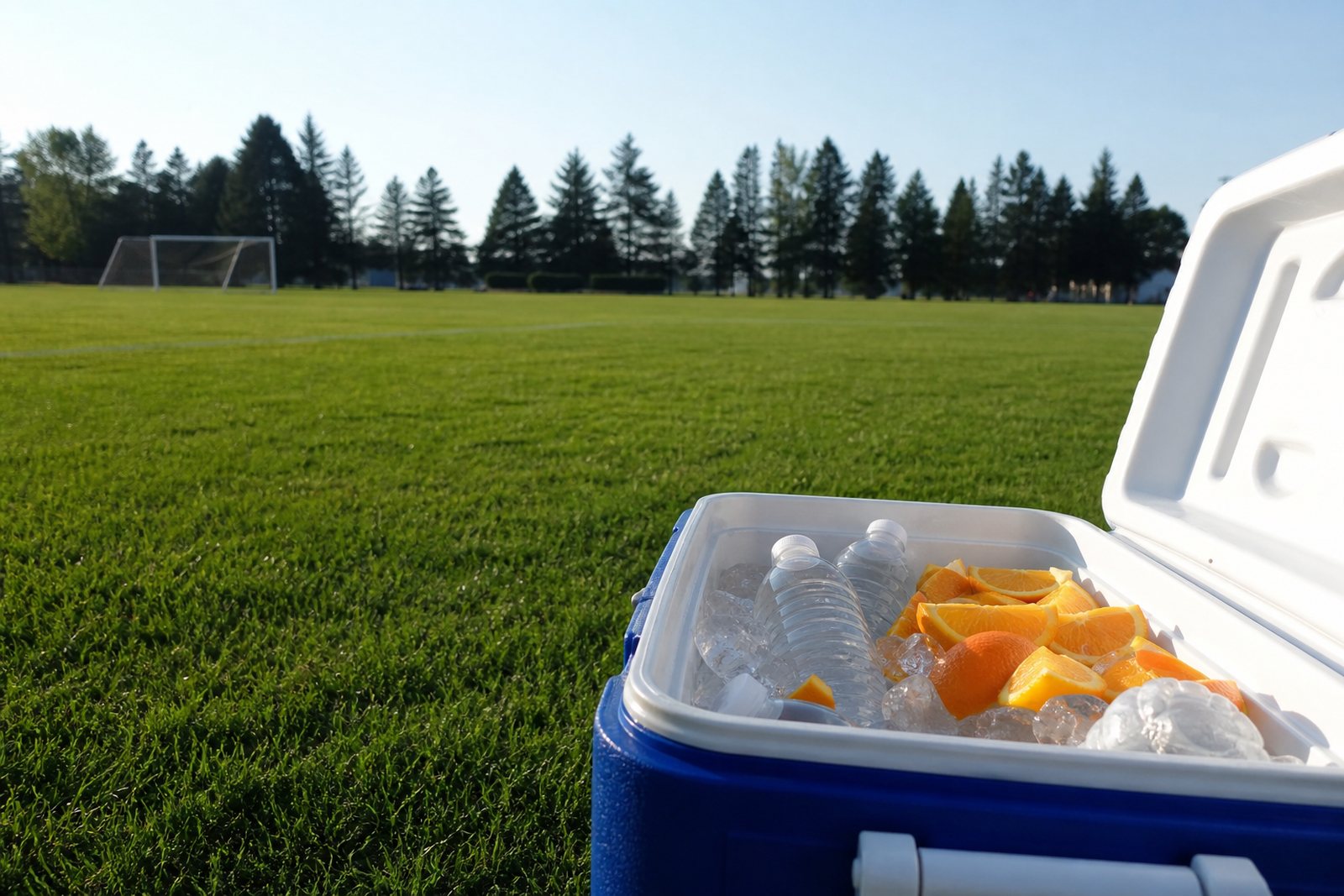 A cooler filled with orange slices and water bottles resting on the grass next to a youth sports field in morning light